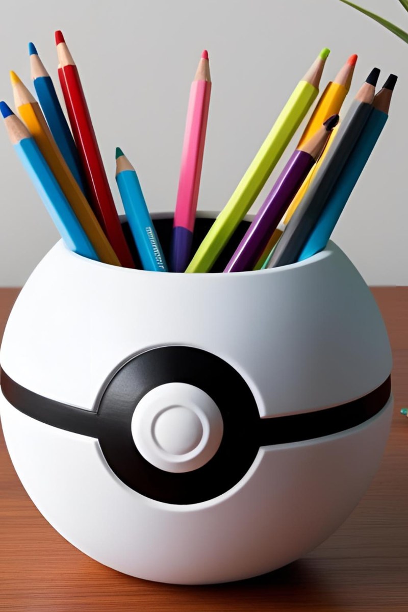 Pot à crayons Poké Ball rouge et blanc garni de stylos, gros plan