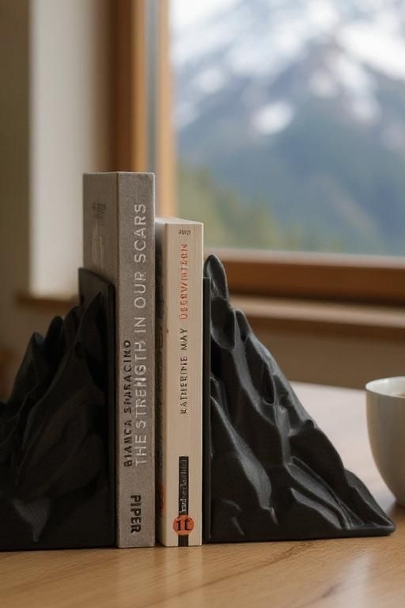 Serre-livres minimaliste en forme de montagne à finition douce, gros plan