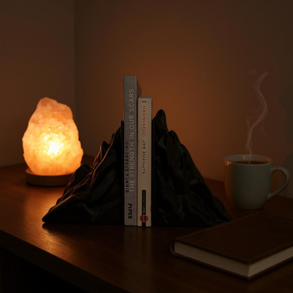 Paire de serre-livres en forme de montagne maintenant des livres debout sur une étagère en bois