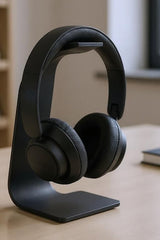 Support de casque Swing vu de côté avec bras incurvé et pied stable