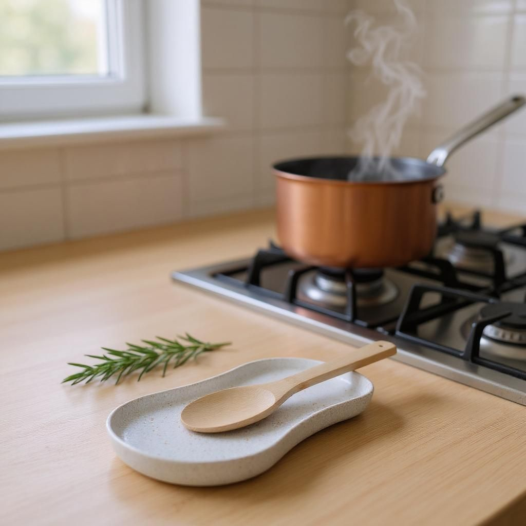 Repose-cuillère blanc minimaliste avec plateau bas, gros plan