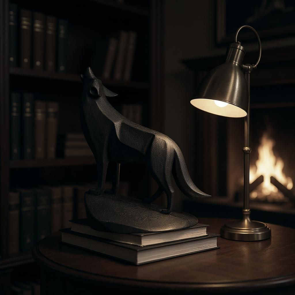 Profil latéral d'une sculpture de loup minimaliste aux oreilles inclinées et au cou tendu
