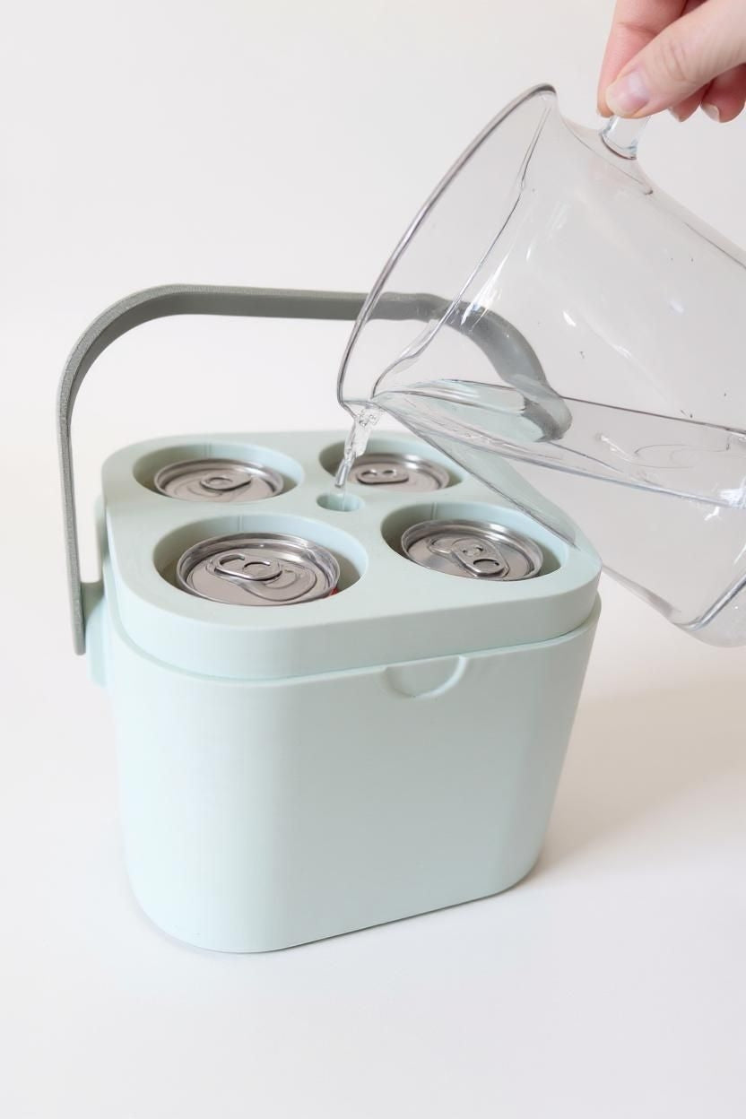 Cube réfrigérant congelable blanc sur une table de pique-nique en extérieur avec boissons