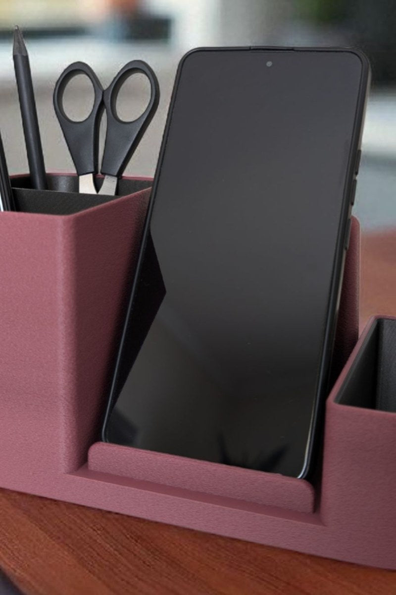 Organiseur de bureau bicolore avec support de téléphone et surface texturée