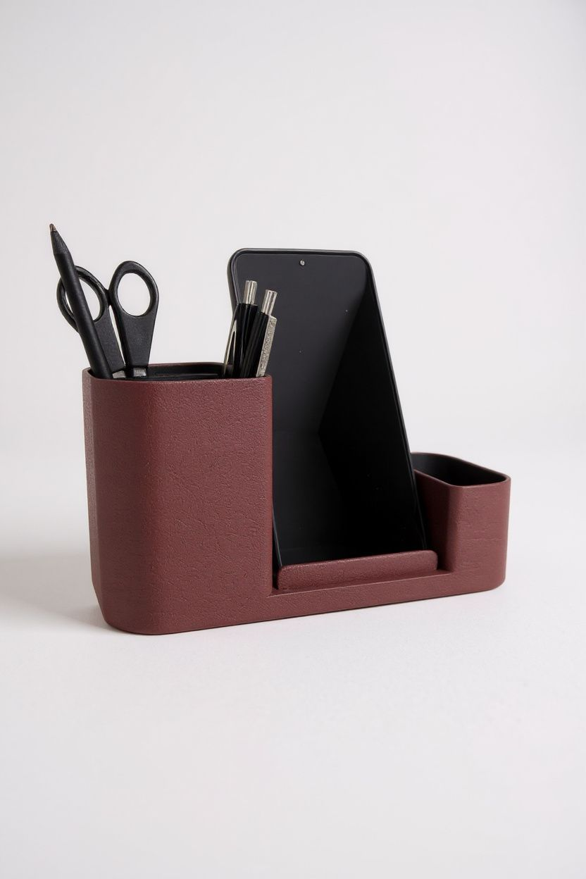 Organiseur de bureau bicolore avec support de téléphone et surface texturée