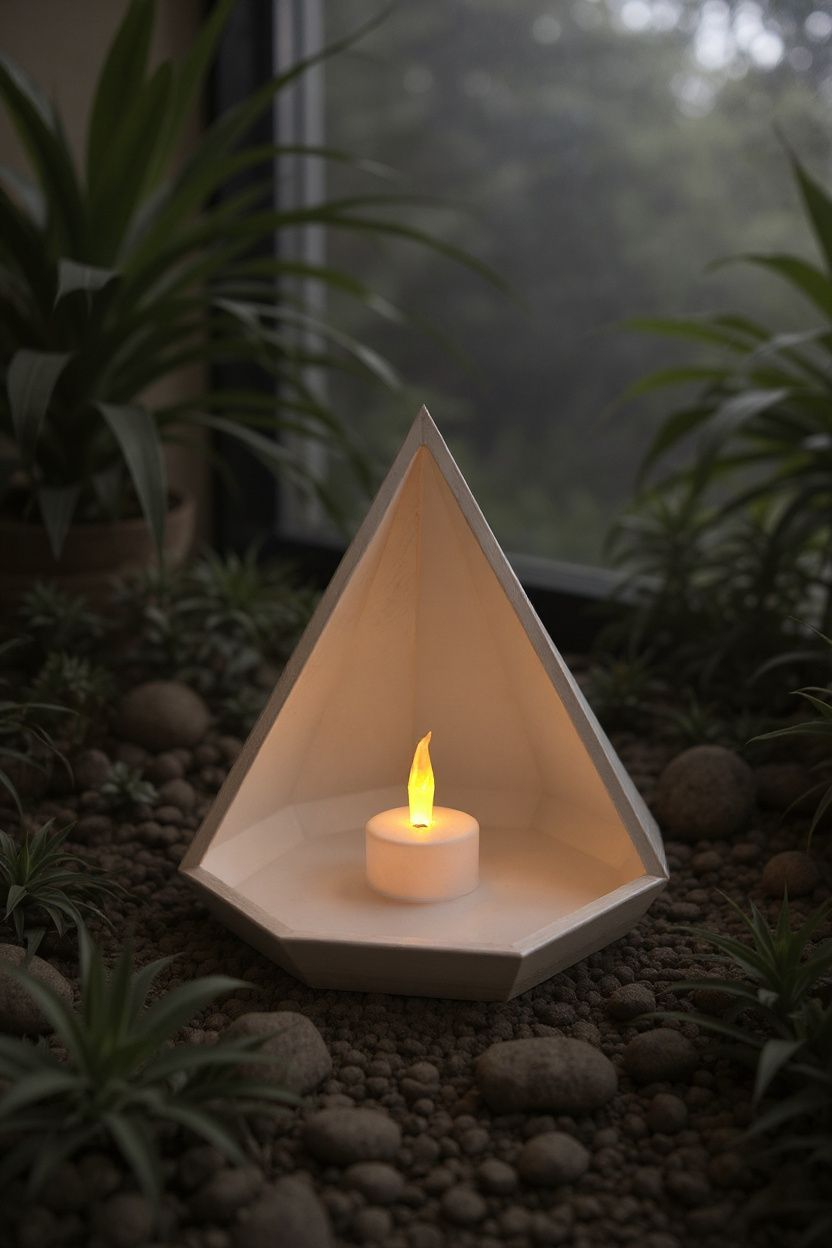 Plateau pyramide géométrique sur une table de chevet avec bougie et bijoux