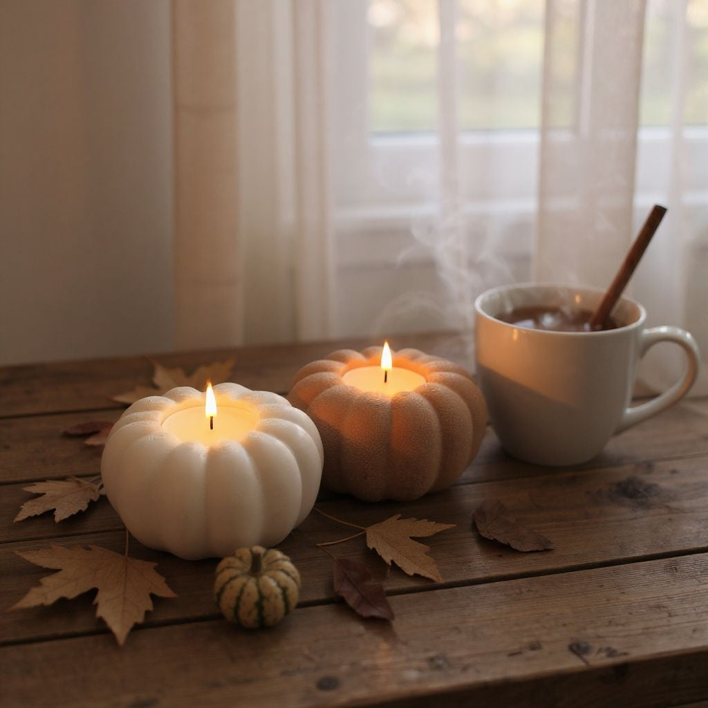 Photophore citrouille couleur terre cuite éclairé par une bougie LED sur une étagère en bois