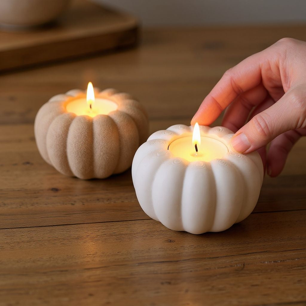 Photophore en forme de citrouille crème, gros plan sur la surface lisse