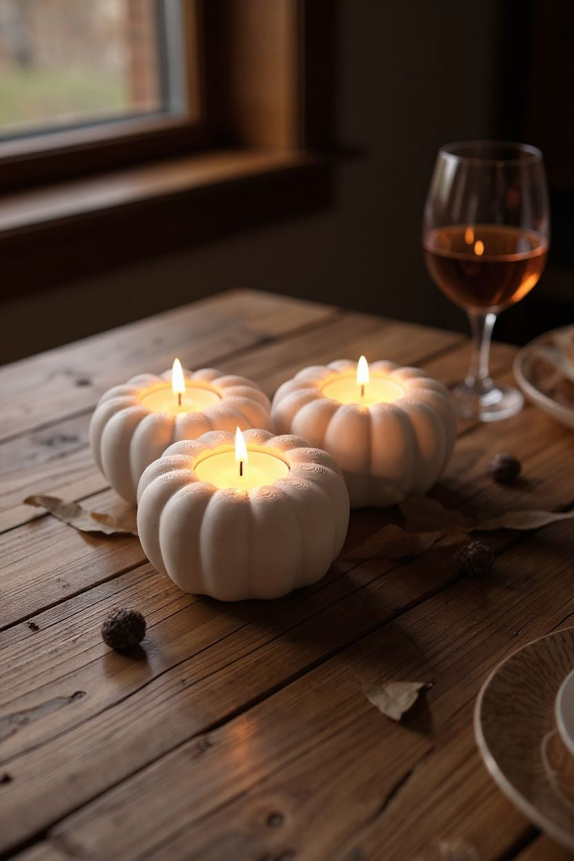 Photophore citrouille pour l'automne avec bougies allumées sur une étagère en bois
