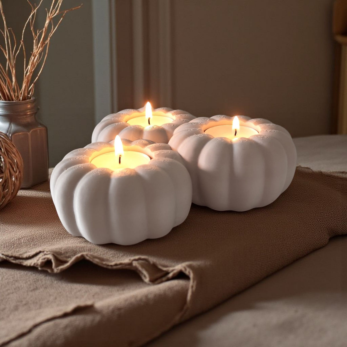 Détail de la texture citrouille d'un photophore minimaliste pour la déco d'automne