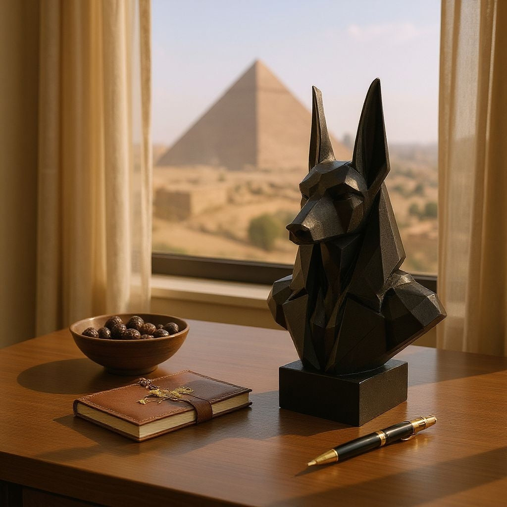 Gros plan d'un buste d'Anubis low poly aux surfaces géométriques facettées