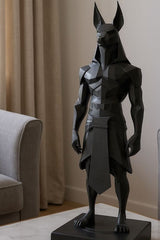 Gros plan d'une statue d'Anubis low poly aux facettes géométriques et au design anguleux
