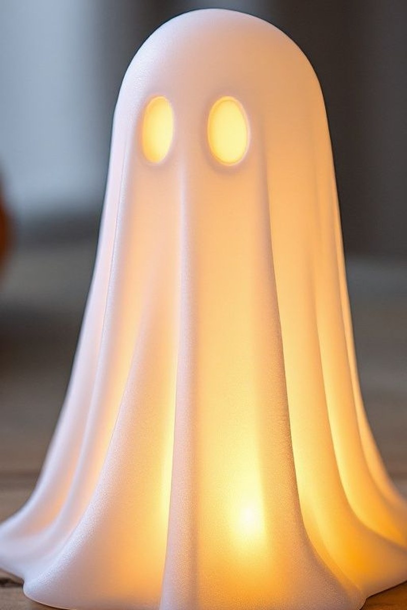 Décoration fantôme d'Halloween blanche avec bougie LED à la lueur douce