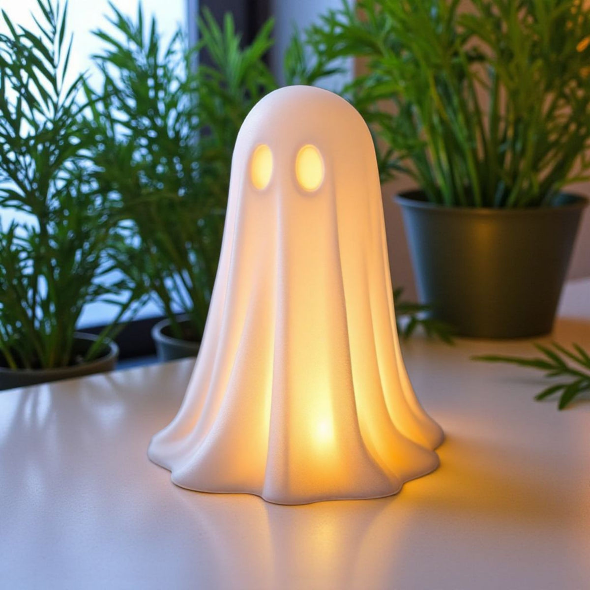 Petit fantôme d'Halloween sur une étagère en bois avec une déco automnale