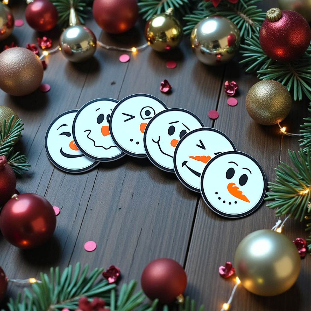 Six sous-verres bonshommes de neige aux visages différents dans leur support assorti