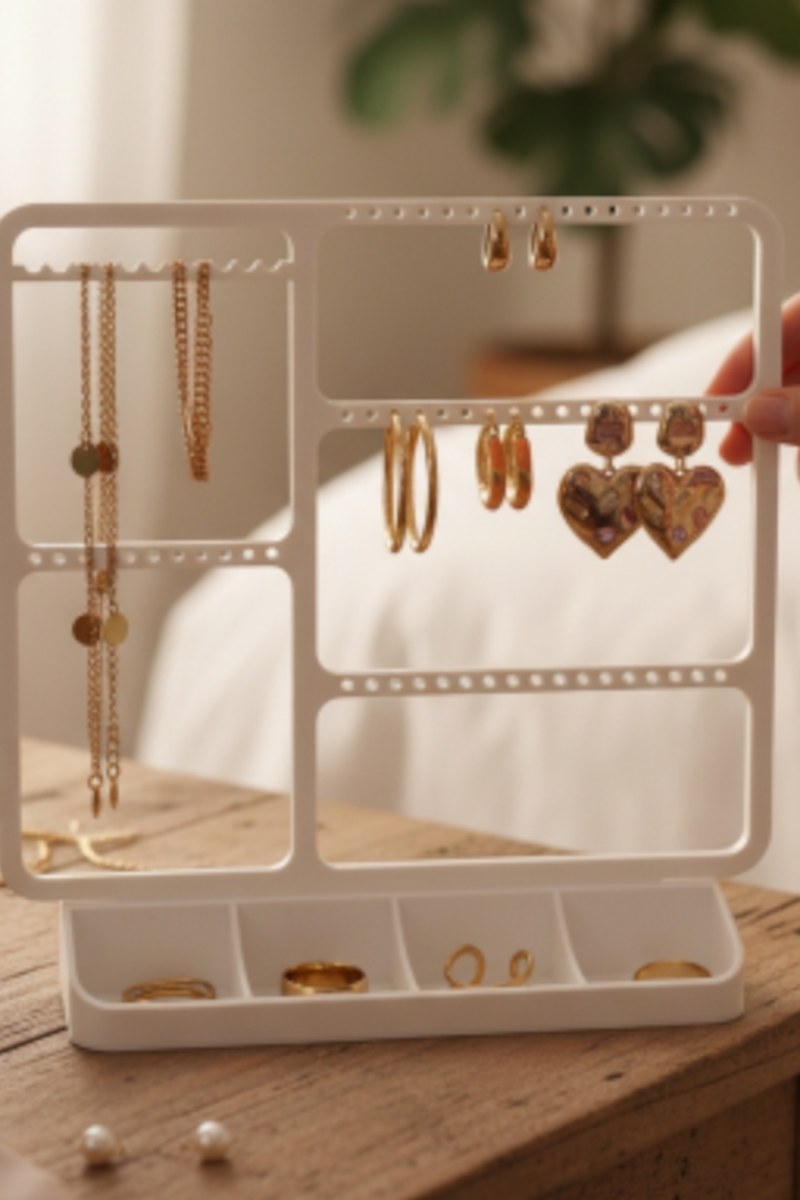 Porte-bijoux minimaliste avec boucles d'oreilles, bagues et colliers, au design blanc épuré