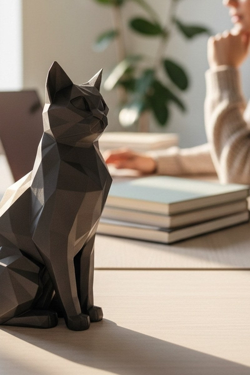 Gros plan d'une sculpture de chat low poly aux facettes et angles géométriques