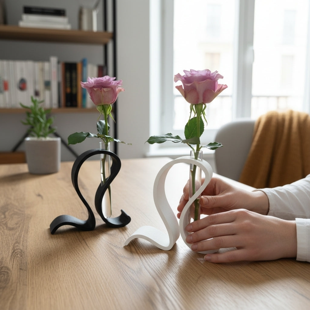 Vase éprouvette minimaliste avec une seule tige verte dans un intérieur scandinave