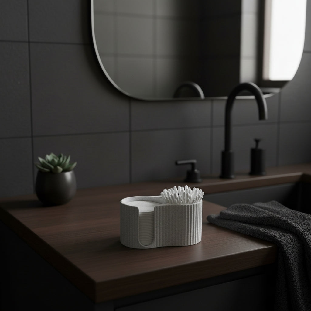 Distributeur de disques de coton sur une étagère de salle de bain avec plante et céramique