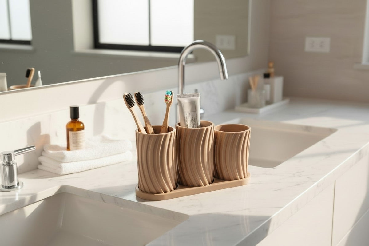 Set de porte-brosses à dents Little Family sur un meuble de salle de bain avec savon et serviettes