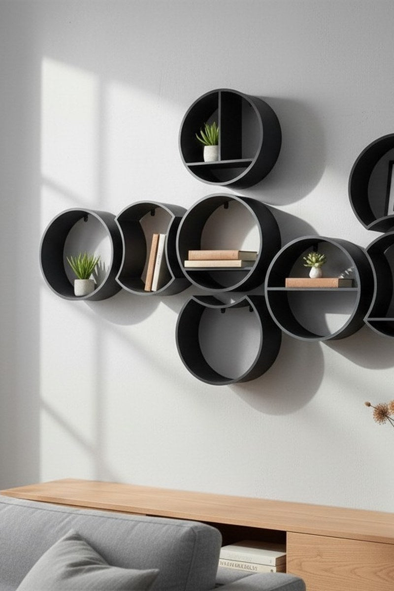 Gros plan d'une étagère modulaire ronde avec tenons de fixation intégrés