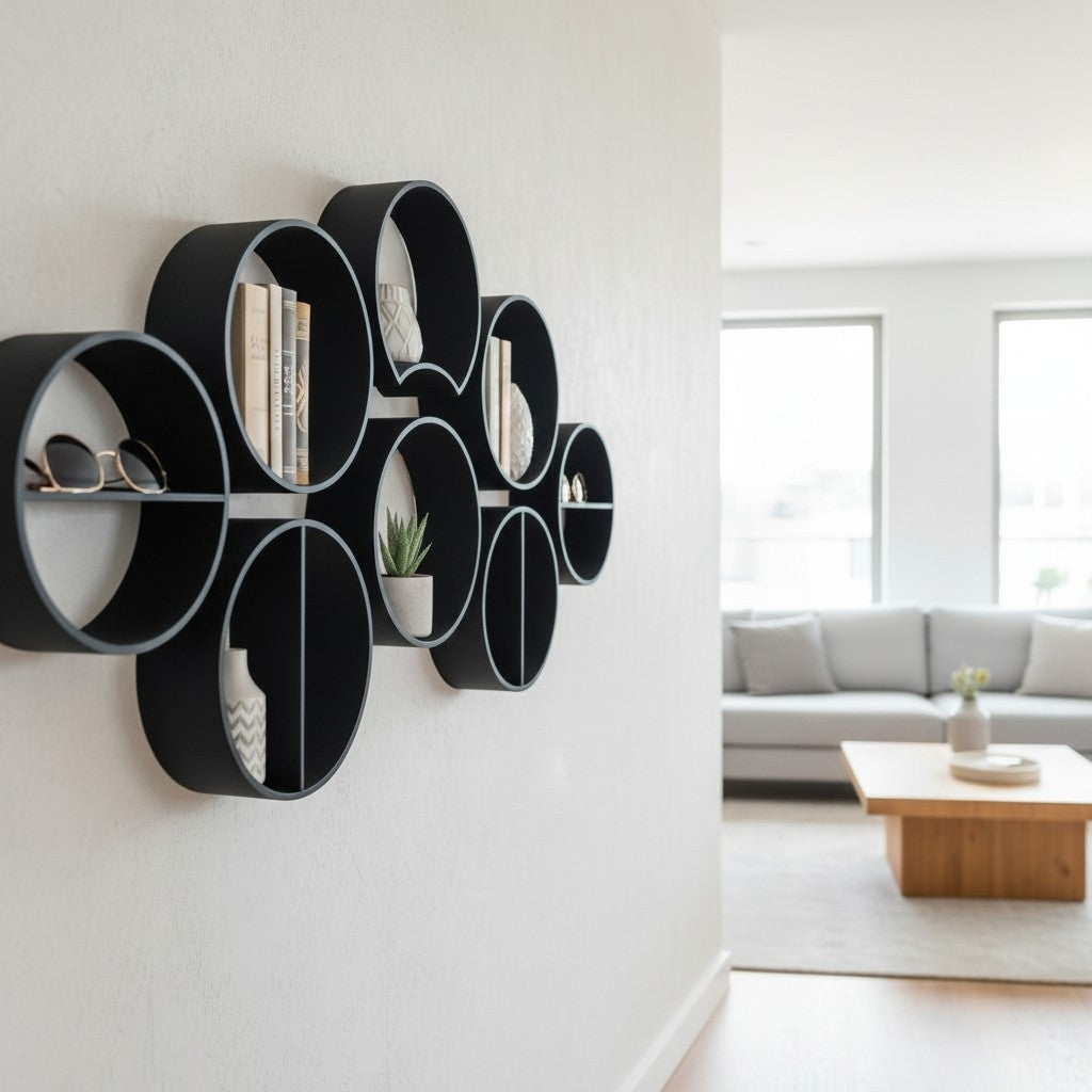 Trois étagères rondes modulaires alignées verticalement sur un mur blanc avec de petits objets