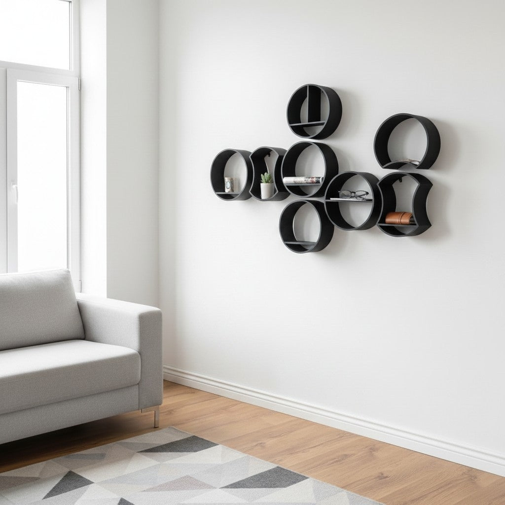 Détail du bord arrondi et de la texture d'une étagère modulaire ronde