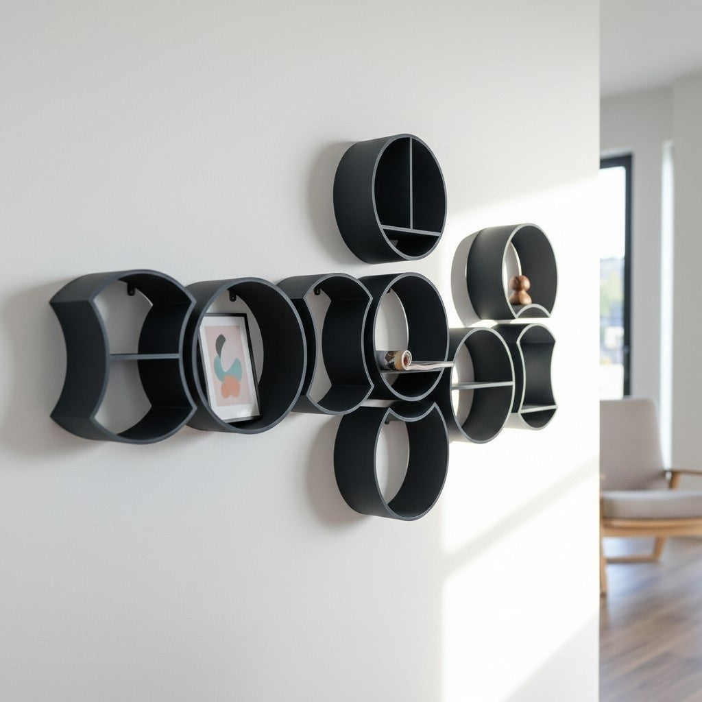 Gros plan d'une étagère modulaire ronde avec tenons de fixation intégrés