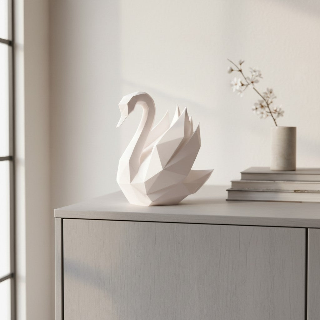 Sculpture de cygne low poly blanche à la forme géométrique anguleuse, gros plan