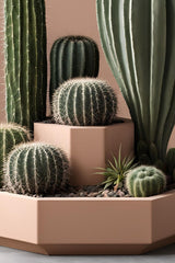Gros plan d'un pot à cactus octogonal à deux étages aux angles géométriques