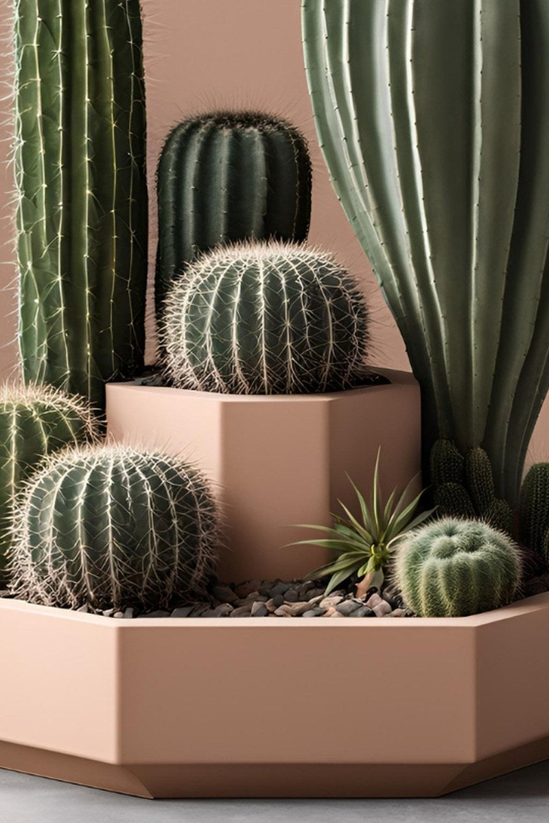 Gros plan d'un pot à cactus octogonal à deux étages aux angles géométriques