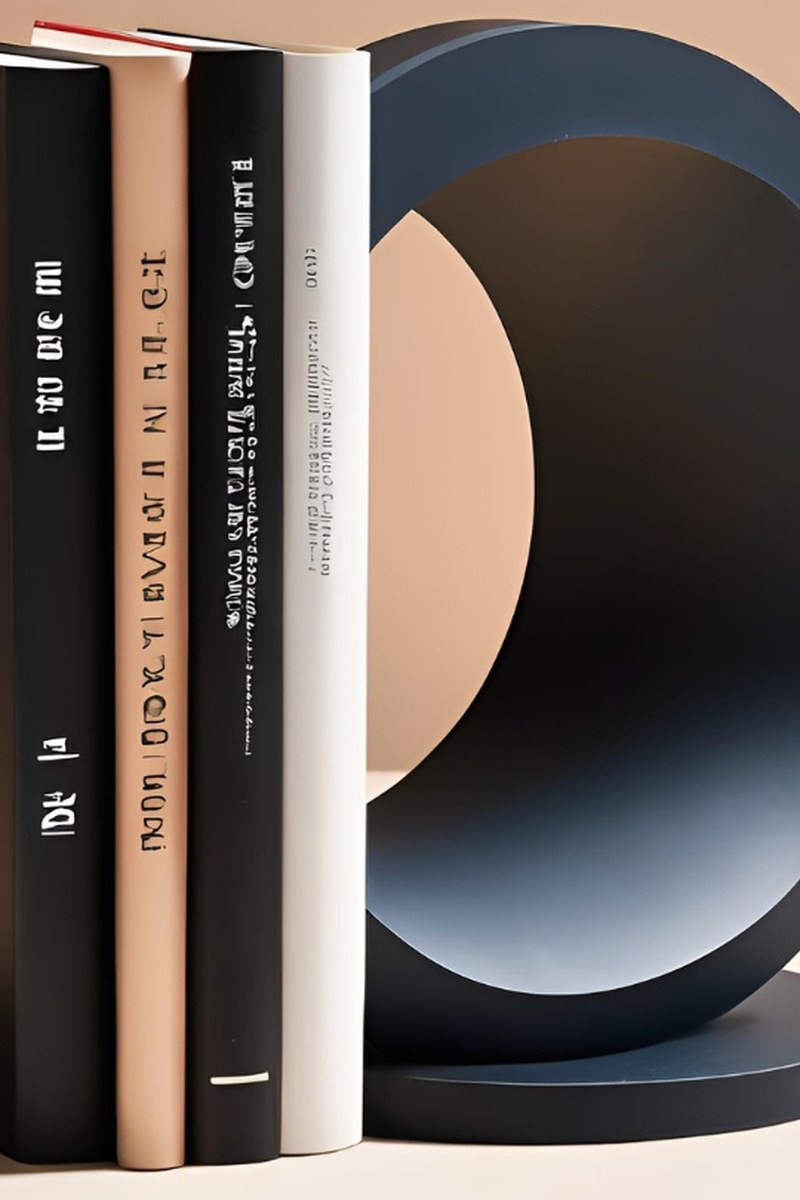 Serre-livres rond blanc avec une pile de livres sur une étagère en bois