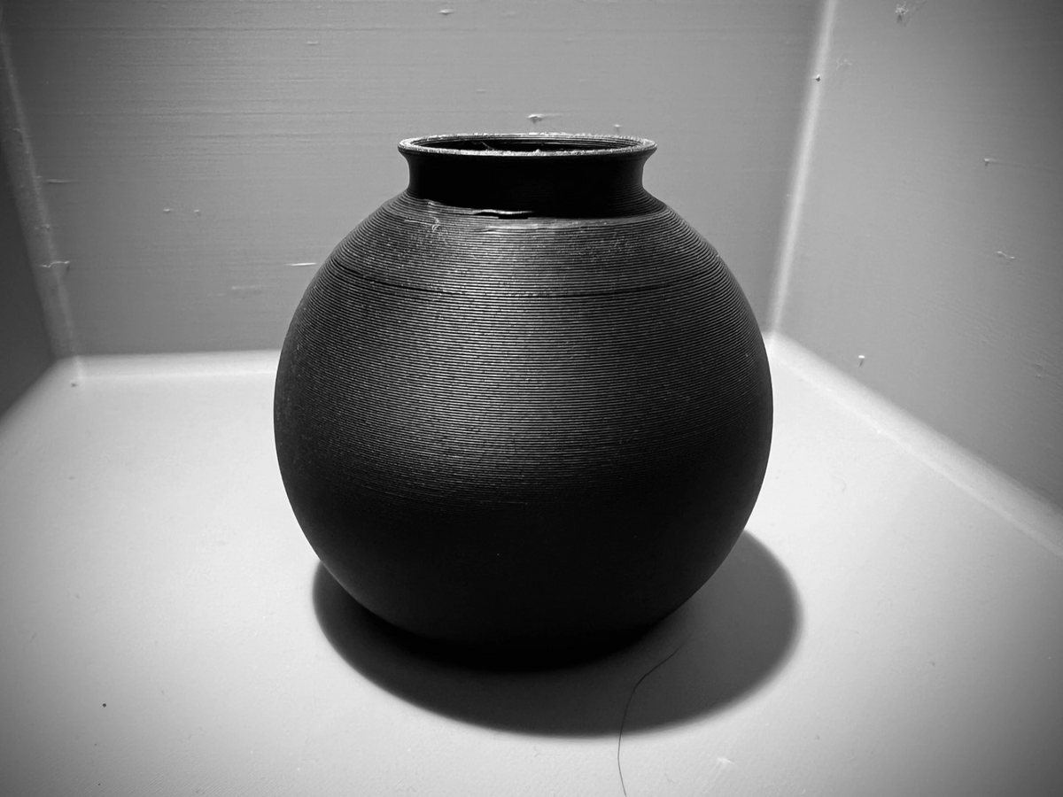 Vase rond minimaliste sur une étagère en bois avec une seule tige de fleur séchée