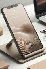Support de téléphone minimaliste en gros plan, appui incliné maintenant un téléphone à la verticale