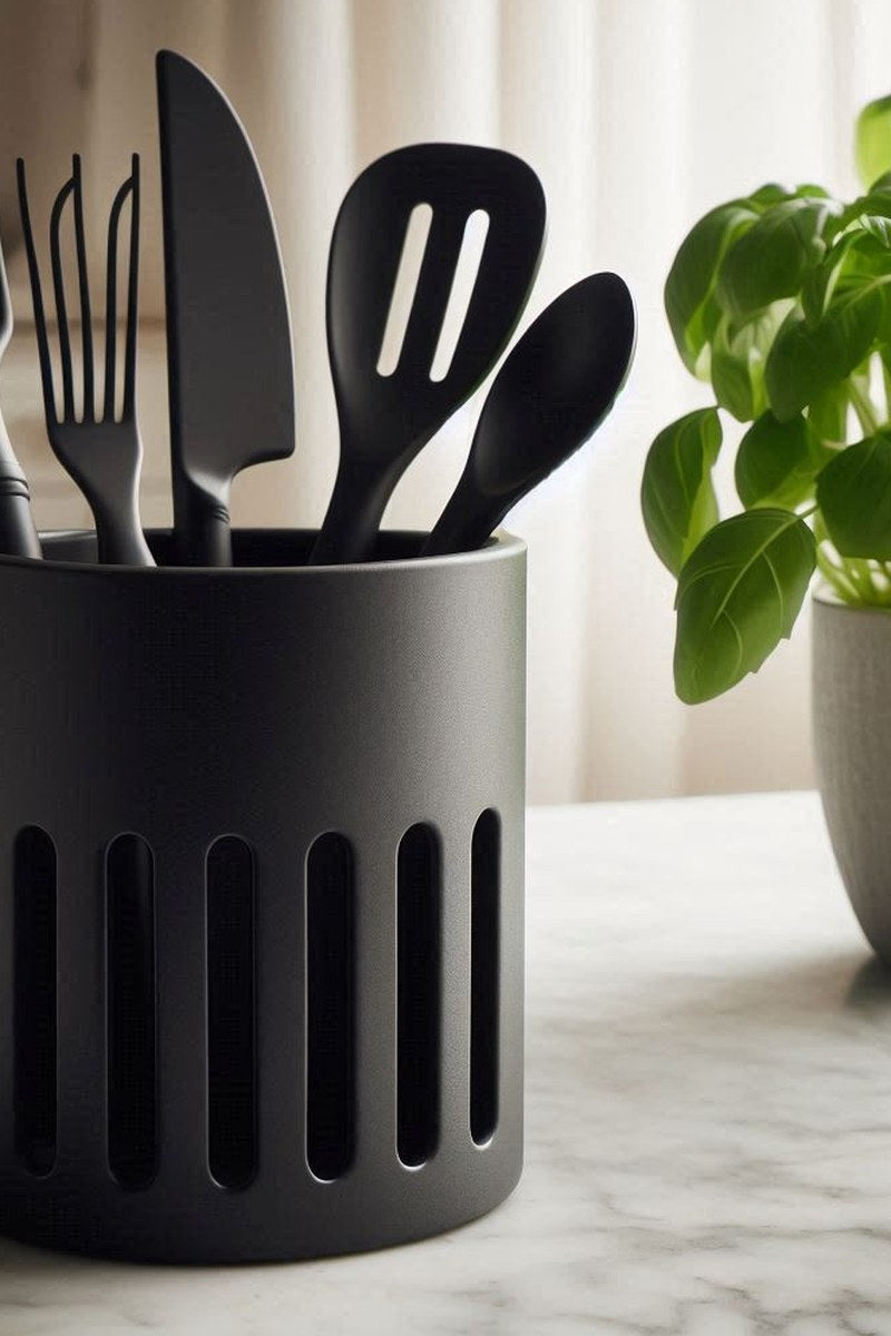 Pot à ustensiles de cuisine minimaliste avec cuillère en bois et ustensiles