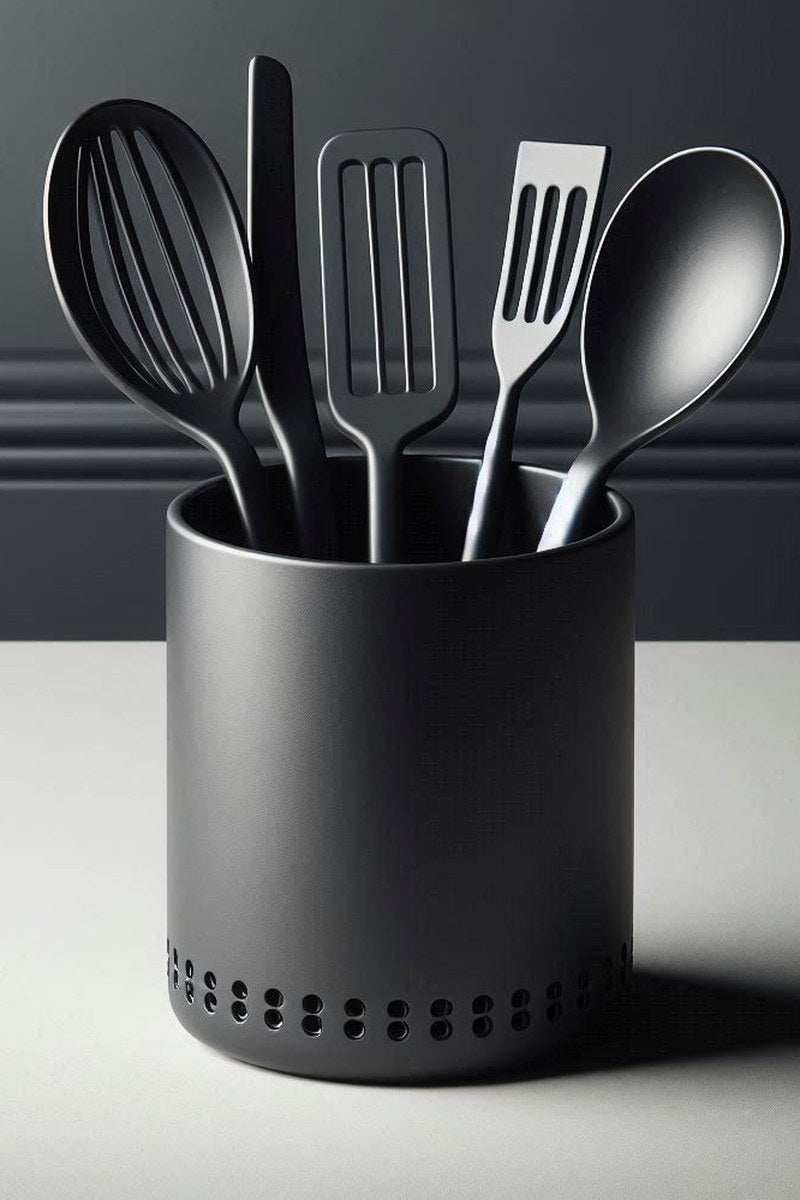 Pot à ustensiles de cuisine minimaliste à finition mate, gros plan de face