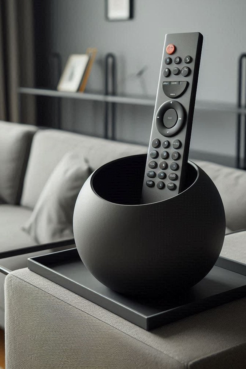 Gros plan du support de télécommande The Ball, de forme ronde avec cavité