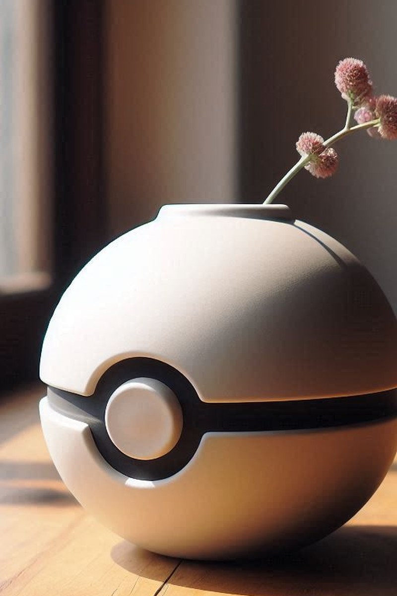 Vase Poké Ball rouge et blanc en gros plan, au design géométrique rond
