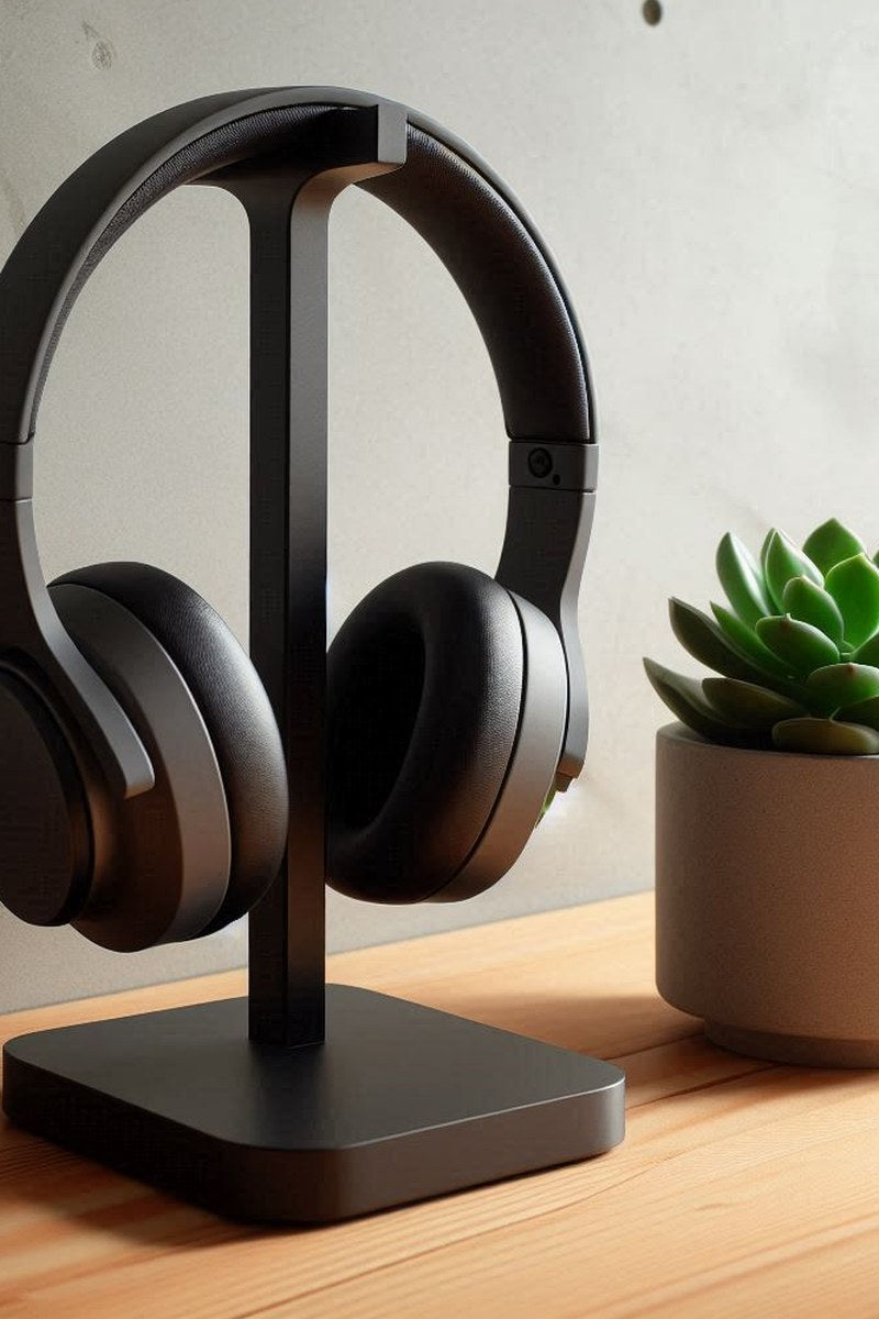 Support de casque audio noir minimaliste avec bras de support incurvé, gros plan
