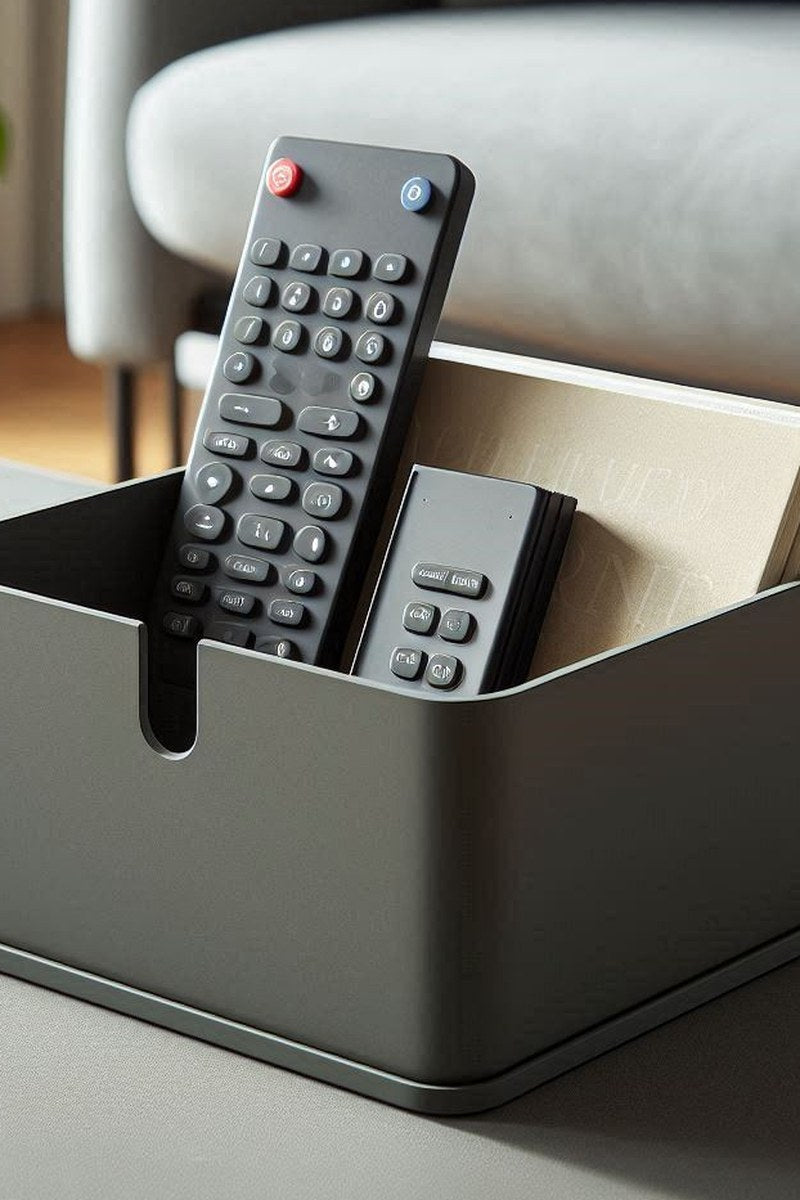 Range-télécommandes carré de couleur neutre, gros plan sur l'intérieur