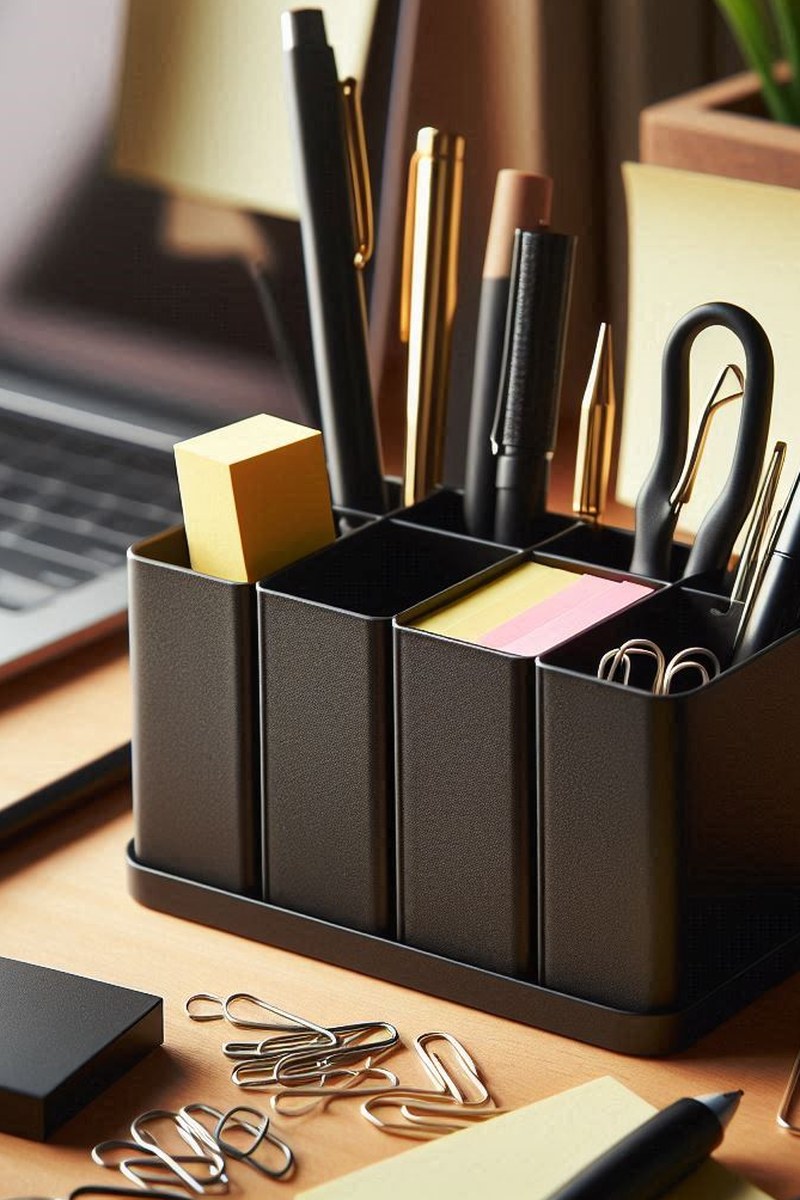 Gros plan d'un organiseur de bureau modulaire avec compartiments pour stylos et crayons