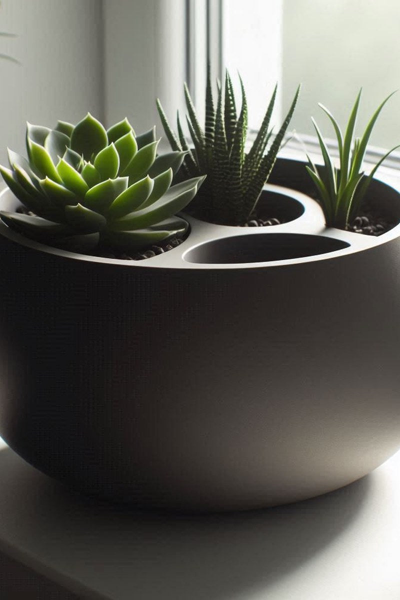 Gros plan d'un pot de fleurs blanc à arrosage automatique, forme ronde et drainage