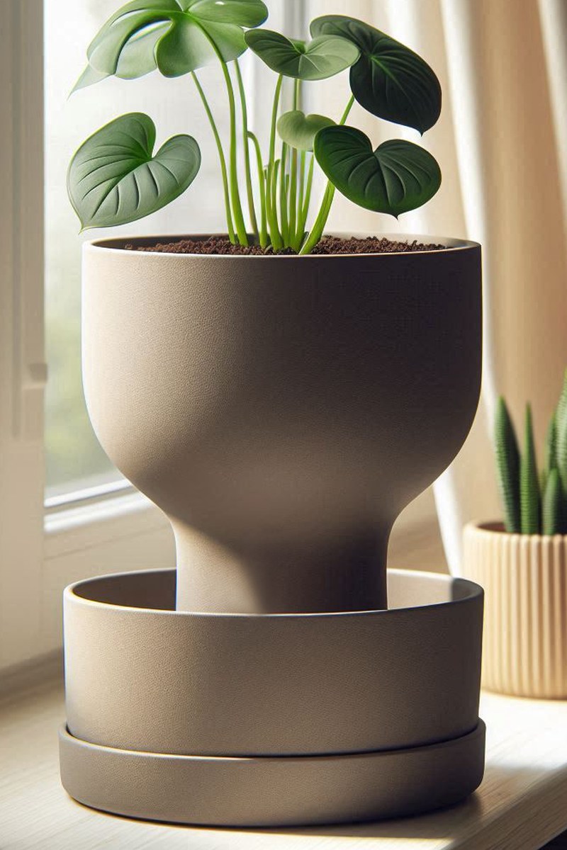 Pot de fleurs à réserve d'eau design Graal, gros plan sur sa silhouette élégante