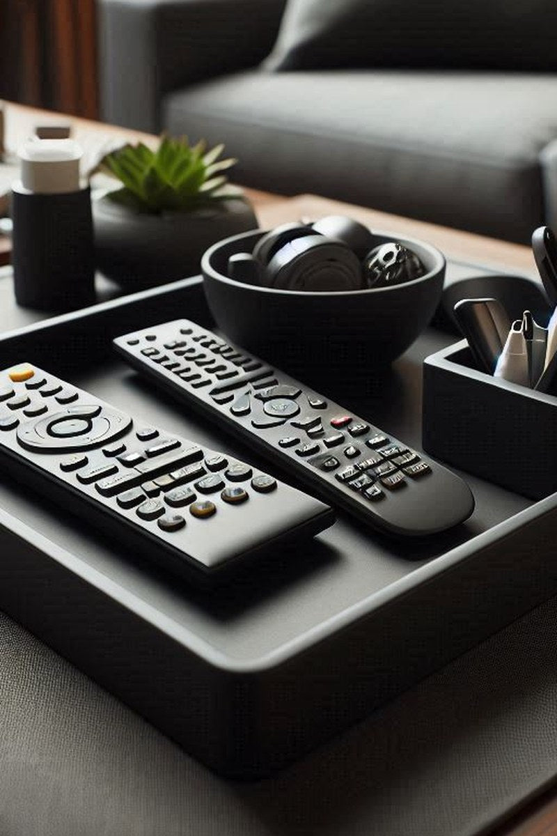 Plateau à télécommandes minimaliste à deux coupelles basses, vue de dessus