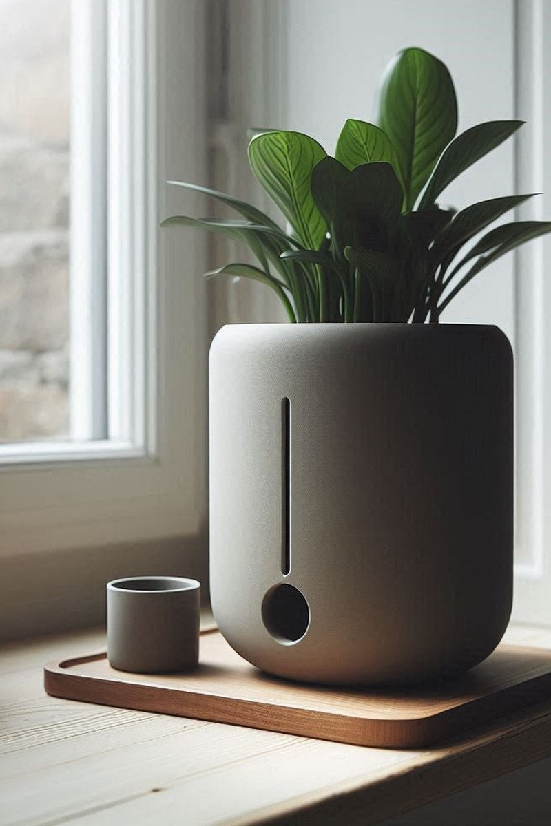 Pot auto-arrosant rond minimaliste avec réservoir d'eau intégré, gros plan