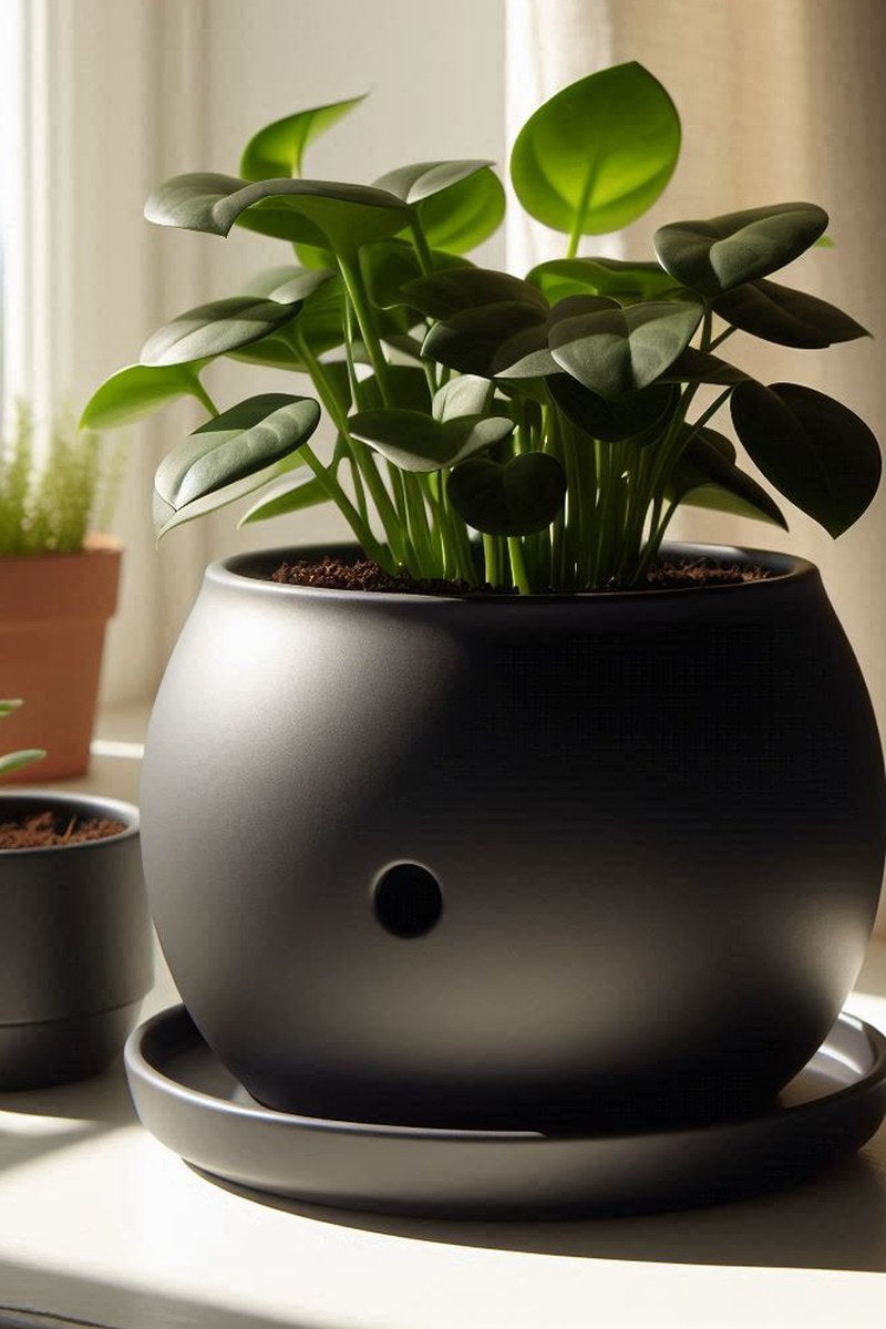 Pot auto-arrosant rond vu de dessus, finition neutre, ouverture du réservoir d'eau visible