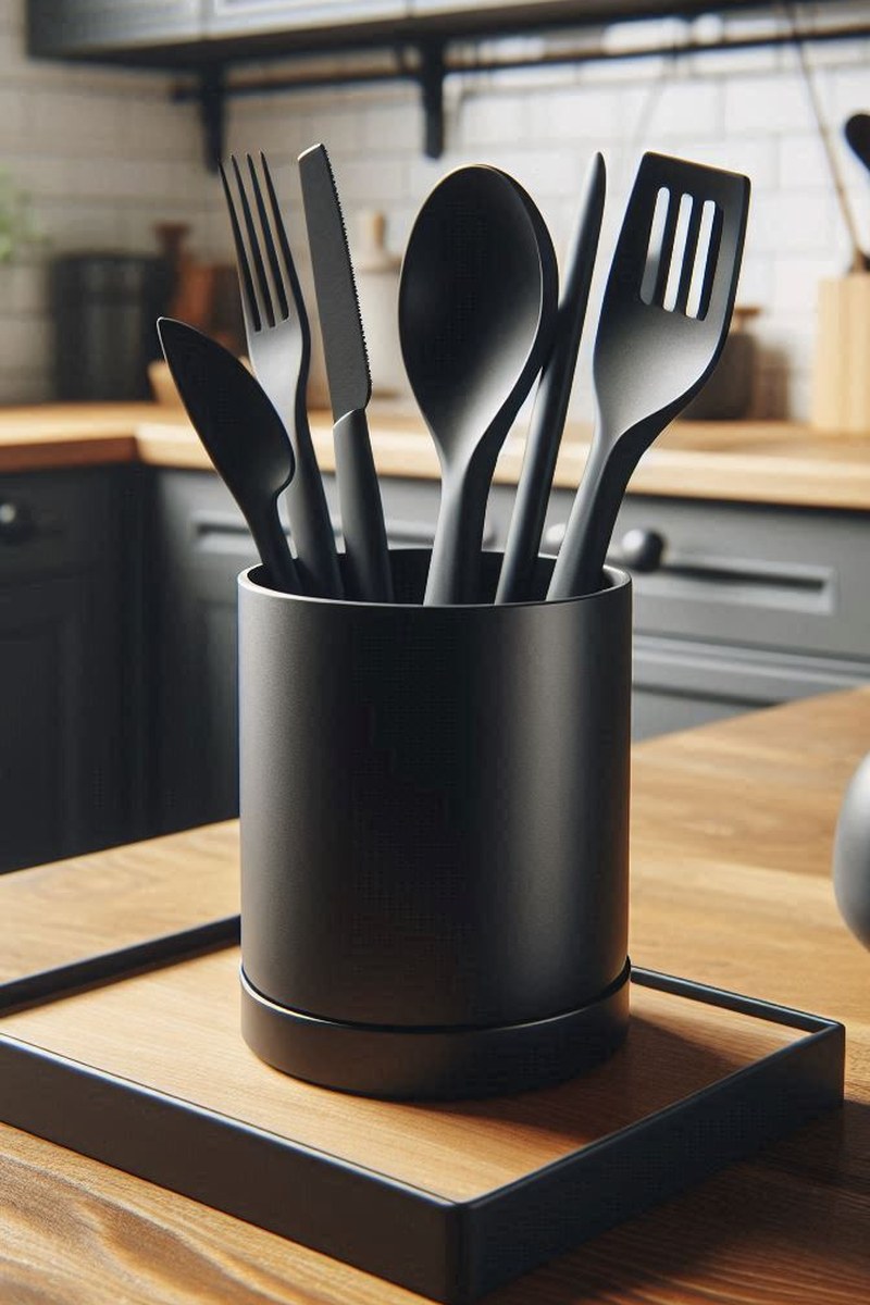 Pot à ustensiles de cuisine minimaliste au design géométrique épuré, vue de face
