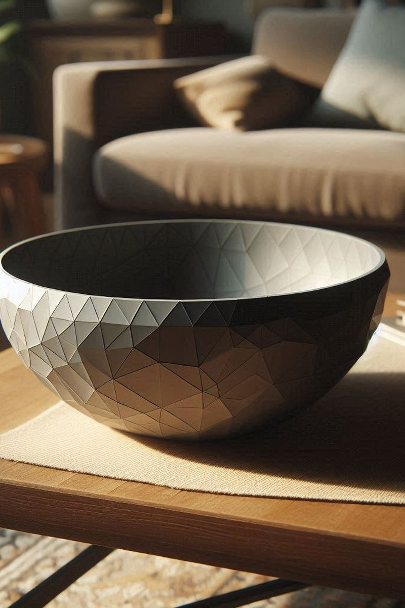 Gros plan d'une coupe low poly aux facettes géométriques qui captent la lumière