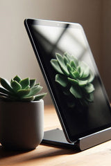 Support de tablette blanc minimaliste vu de profil, à la forme et à l'angle géométriques