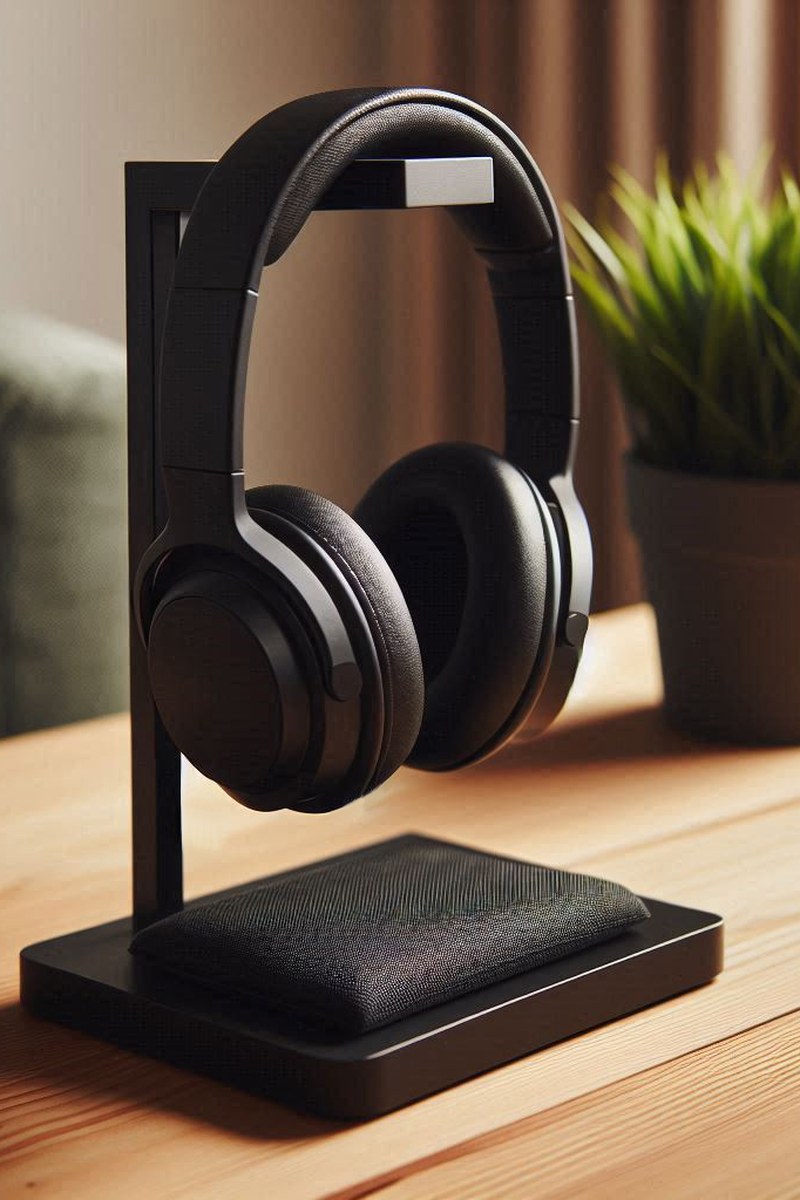Support de casque minimaliste de couleur neutre, gros plan sur le support incurvé
